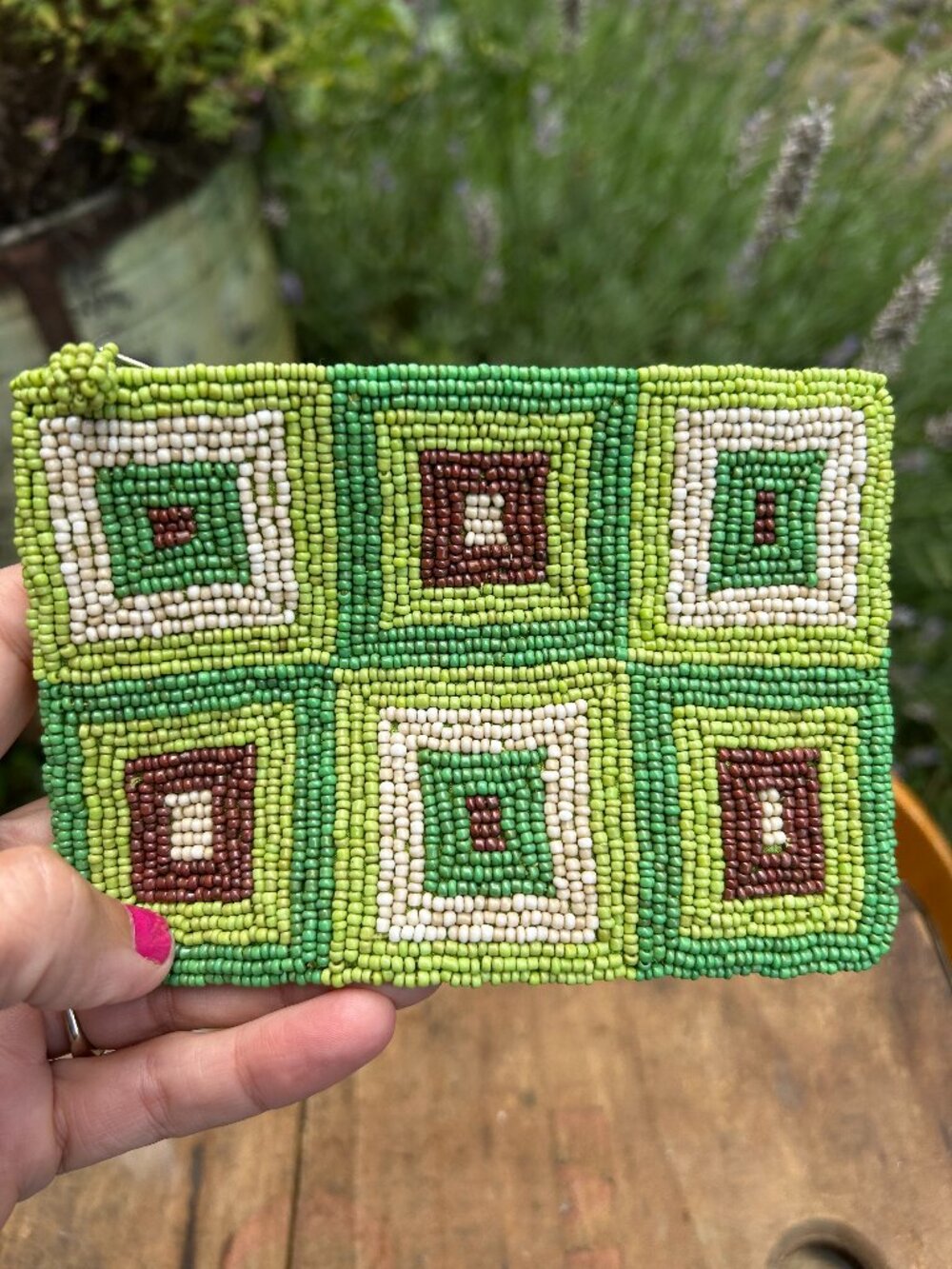 Beaded Green Coin Purse Green Pattern Squares Womens Travel Wallet NEW FAST SHIP